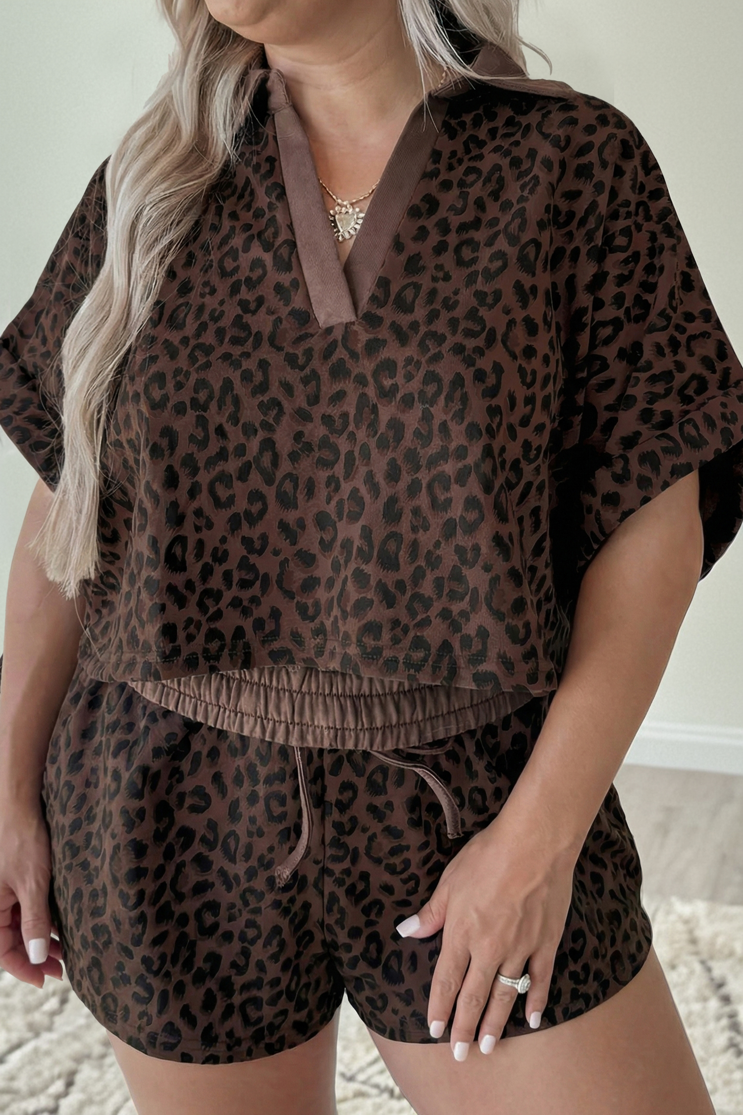 Brown Leopard Two-Piece Lounge Set for Women – Casual V-Neck Shift Top & High Waist Shorts for Summer - Detail View 2 Brown Leopard Two-Piece Lounge Set for Women – Casual V-Neck Shift Top & High Waist Shorts for Summer - Detail View 2