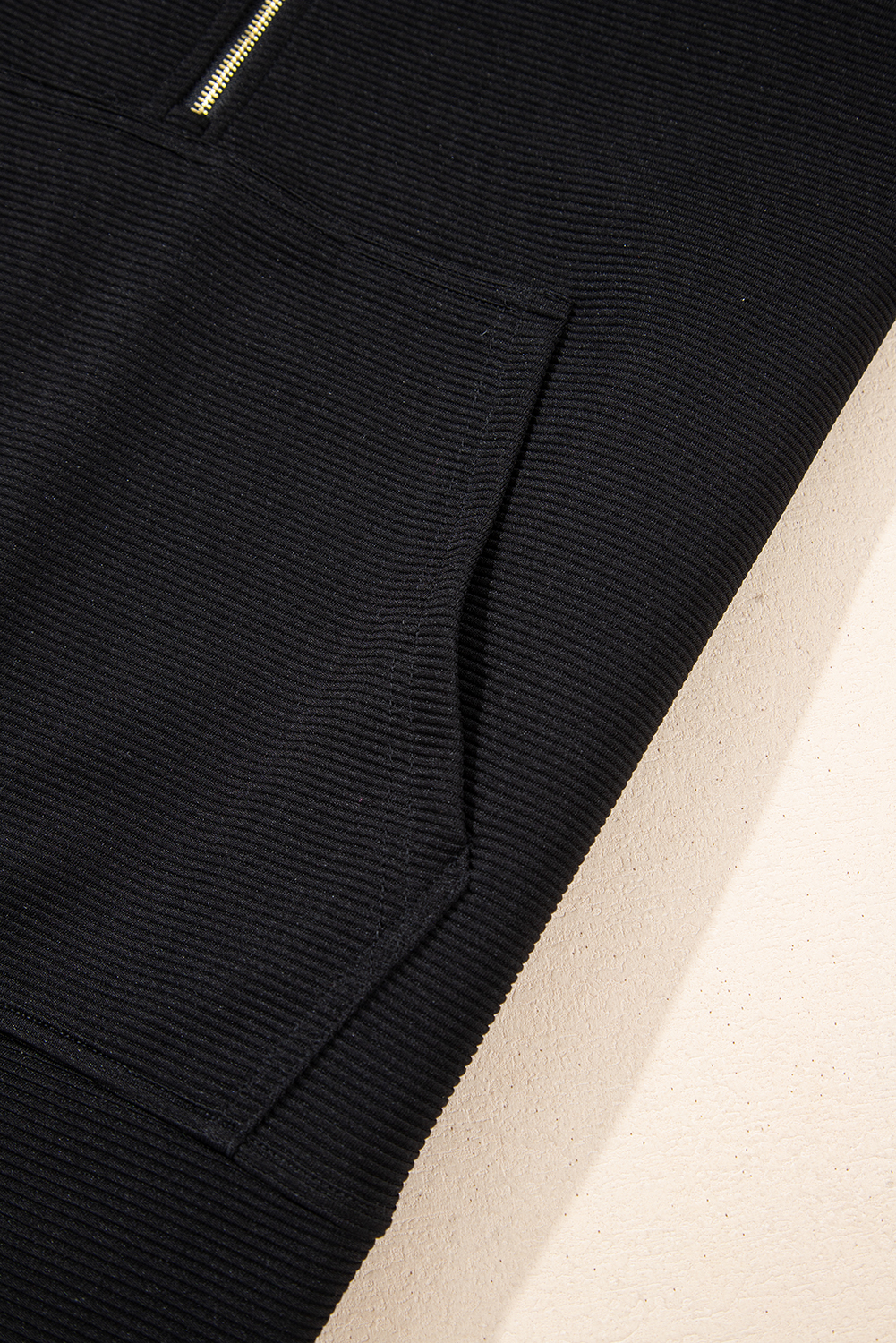 Casual Two-Piece Set: Black Textured Knit Top with Kangaroo Pocket & Shorts - Detail View 14 Casual Two-Piece Set: Black Textured Knit Top with Kangaroo Pocket & Shorts - Detail View 14
