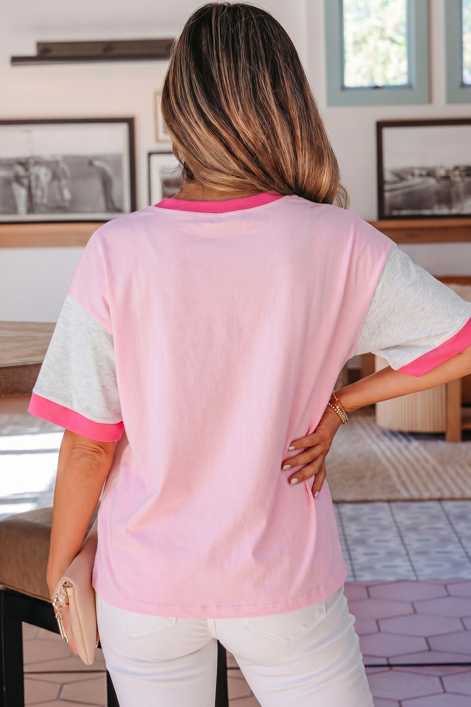 Women's Summer Color Block Tee – Gossamer Pink with Embroidered Bow & Patchwork Details, Soft Cotton Blend - Detail View 2 Women's Summer Color Block Tee – Gossamer Pink with Embroidered Bow & Patchwork Details, Soft Cotton Blend - Detail View 2