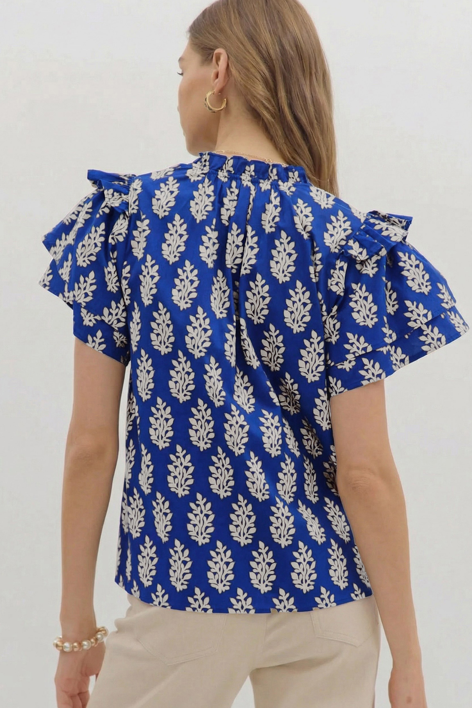 Blue Floral Botanical Blouse for Women – Plus Size V Neck Ruffle Sleeve Top, Relaxed Casual Summer Shift - Detail View 5 Blue Floral Botanical Blouse for Women – Plus Size V Neck Ruffle Sleeve Top, Relaxed Casual Summer Shift - Detail View 5