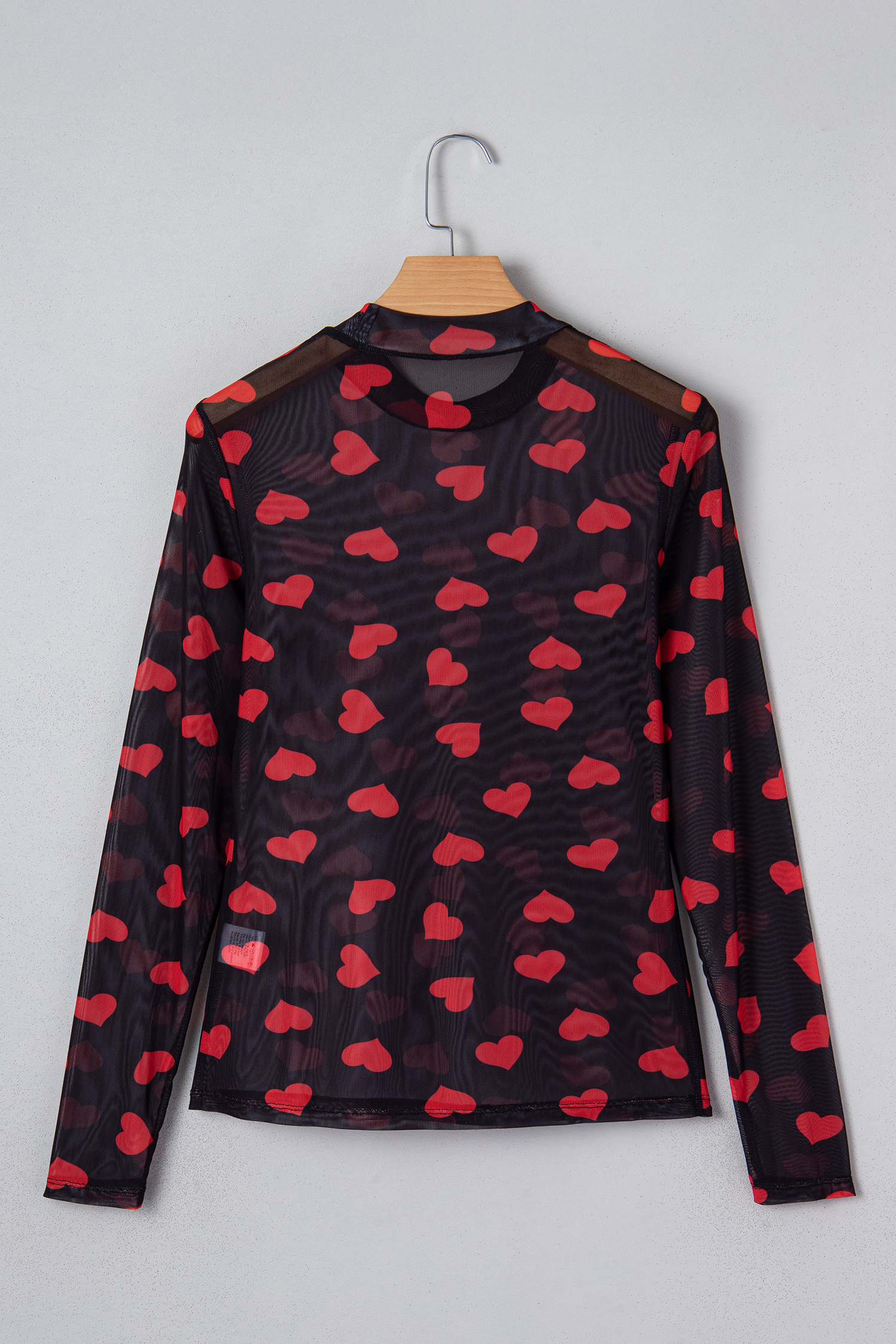 Feminine Black Sheer Mesh Top with Heart Print – Perfect for Night Out and Valentine's Celebrations - Detail View 9 Feminine Black Sheer Mesh Top with Heart Print – Perfect for Night Out and Valentine's Celebrations - Detail View 9