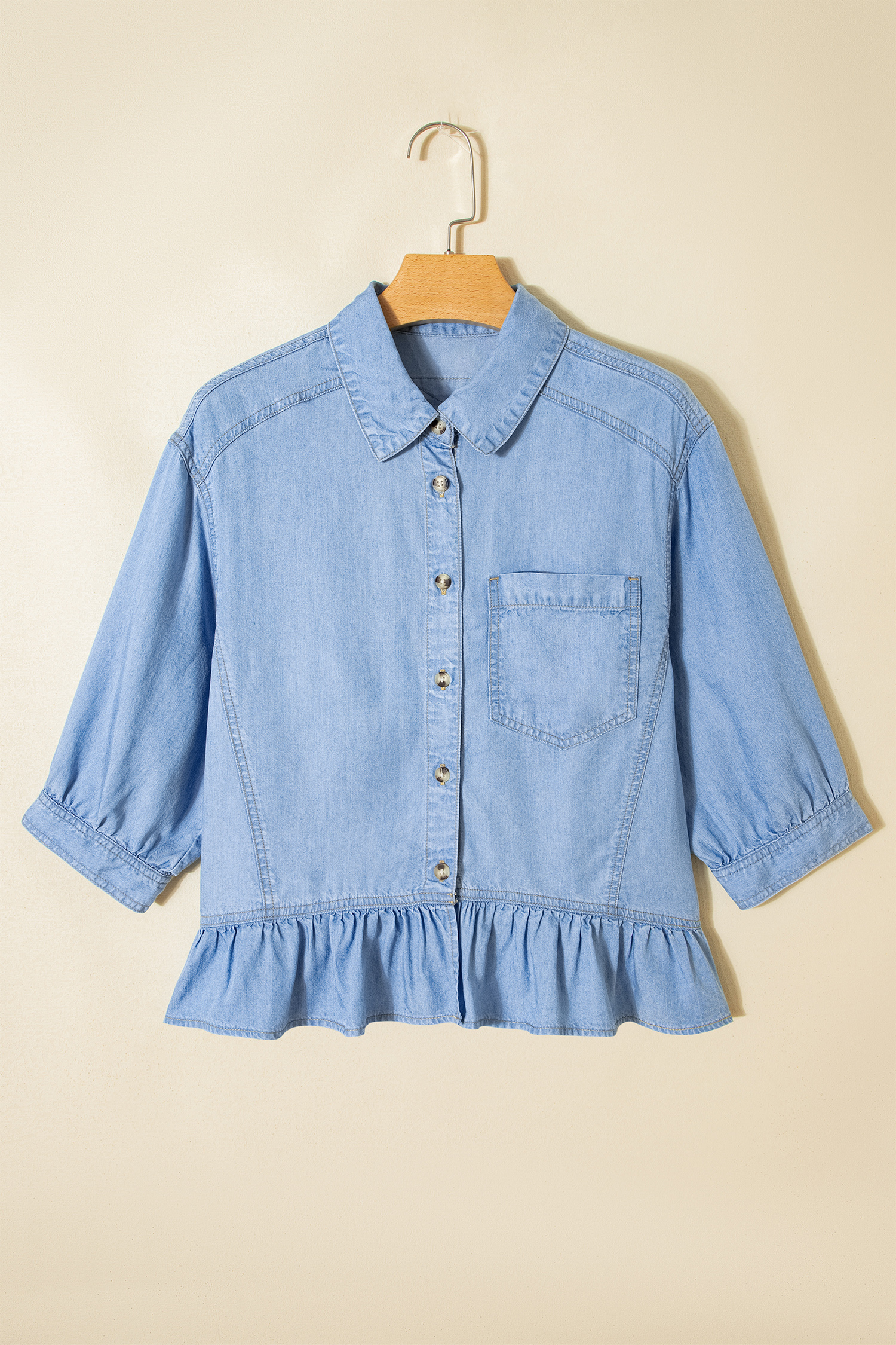 Chic Beau Blue Ruffled Chambray Shirt for Women – Half Sleeve Button Down, Ideal for Summer Outings - Detail View 2 Chic Beau Blue Ruffled Chambray Shirt for Women – Half Sleeve Button Down, Ideal for Summer Outings - Detail View 2
