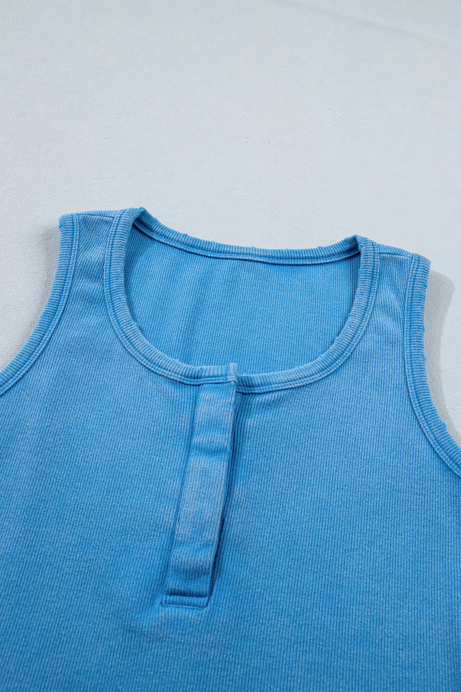 Women's Blue Mineral Wash Tank Top – Distressed Ribbed Cotton Sleeveless Vest for Daily Wear - Detail View 7 Women's Blue Mineral Wash Tank Top – Distressed Ribbed Cotton Sleeveless Vest for Daily Wear - Detail View 7