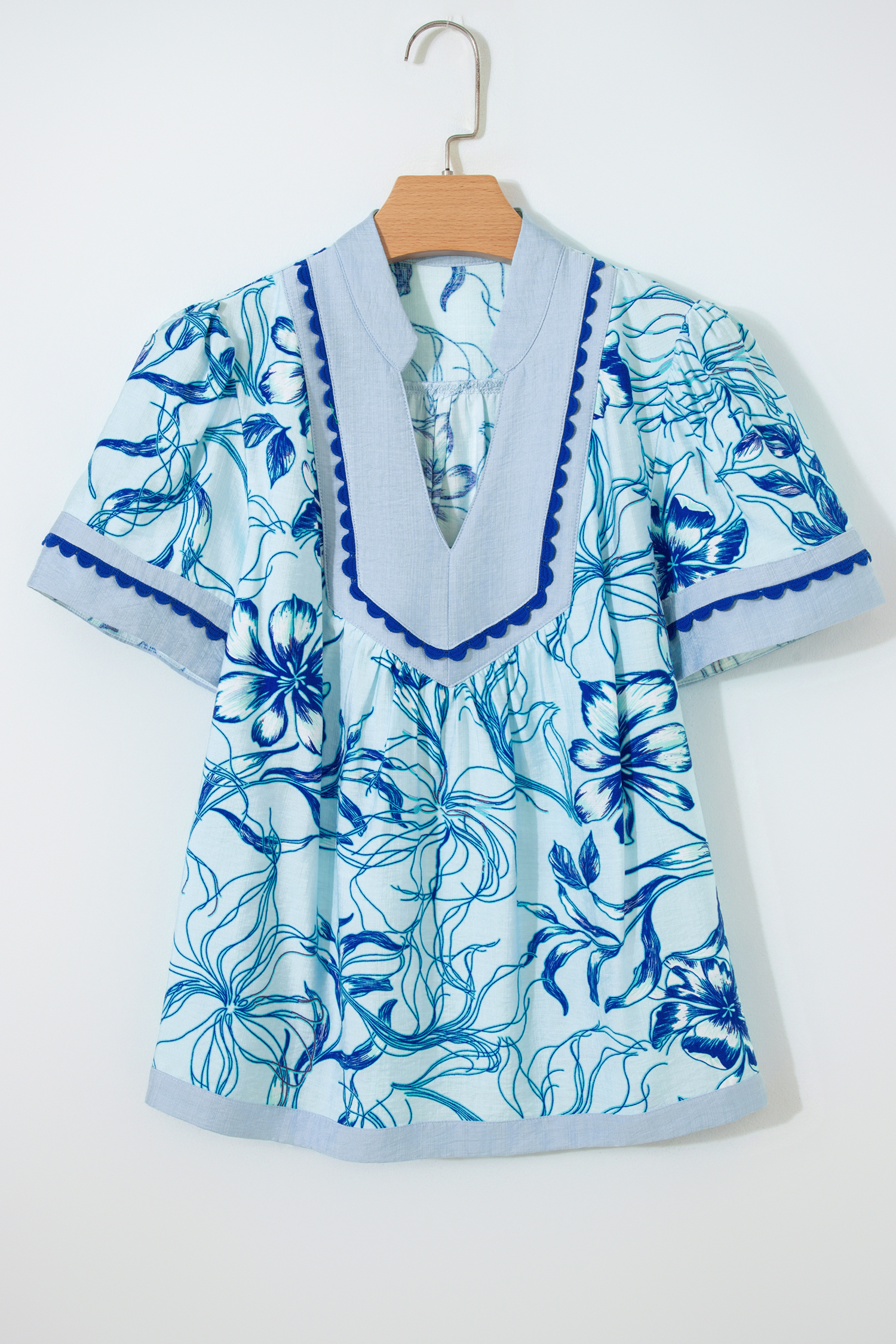 Casual Floral Blouse for Women – Sky Blue V Neck Top with Rick Rack Detail for Daily Wear - Detail View 2 Casual Floral Blouse for Women – Sky Blue V Neck Top with Rick Rack Detail for Daily Wear - Detail View 2