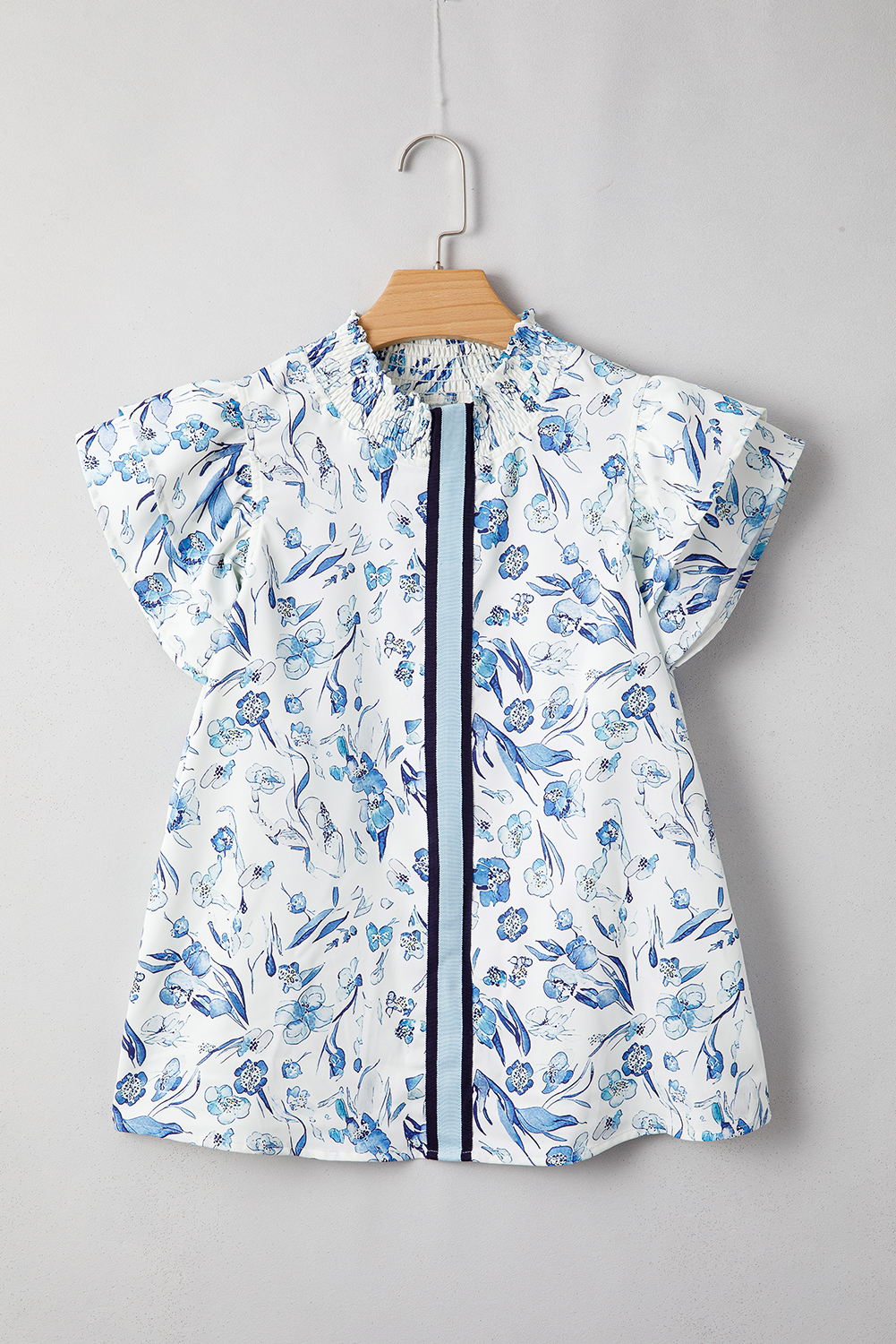 Women's Blouse, Sky Blue, Floral Print, Ruffled Short Sleeve, Summer Top, Smocked Neckline, Casual Wear, Relaxed Fit, Country Style, Statement Stripe, Everyday Fashion, Tops & Blouses - Detail View 4 Women's Blouse, Sky Blue, Floral Print, Ruffled Short Sleeve, Summer Top, Smocked Neckline, Casual Wear, Relaxed Fit, Country Style, Statement Stripe, Everyday Fashion, Tops & Blouses - Detail View 4