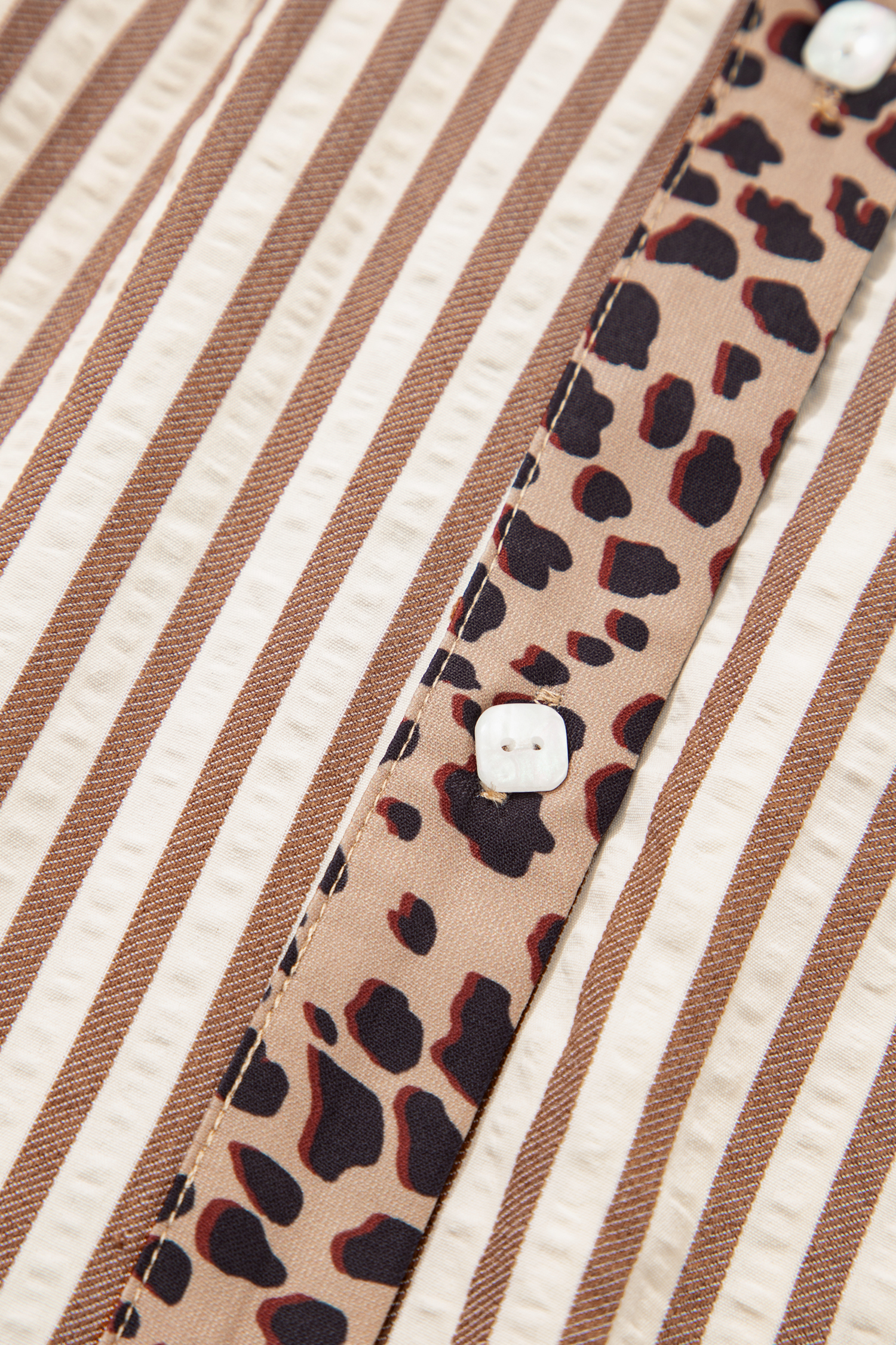 Women's Khaki Stripe & Leopard Trim Shirt Dress – Casual Summer Style with Bracelet Sleeves - Detail View 10 Women's Khaki Stripe & Leopard Trim Shirt Dress – Casual Summer Style with Bracelet Sleeves - Detail View 10