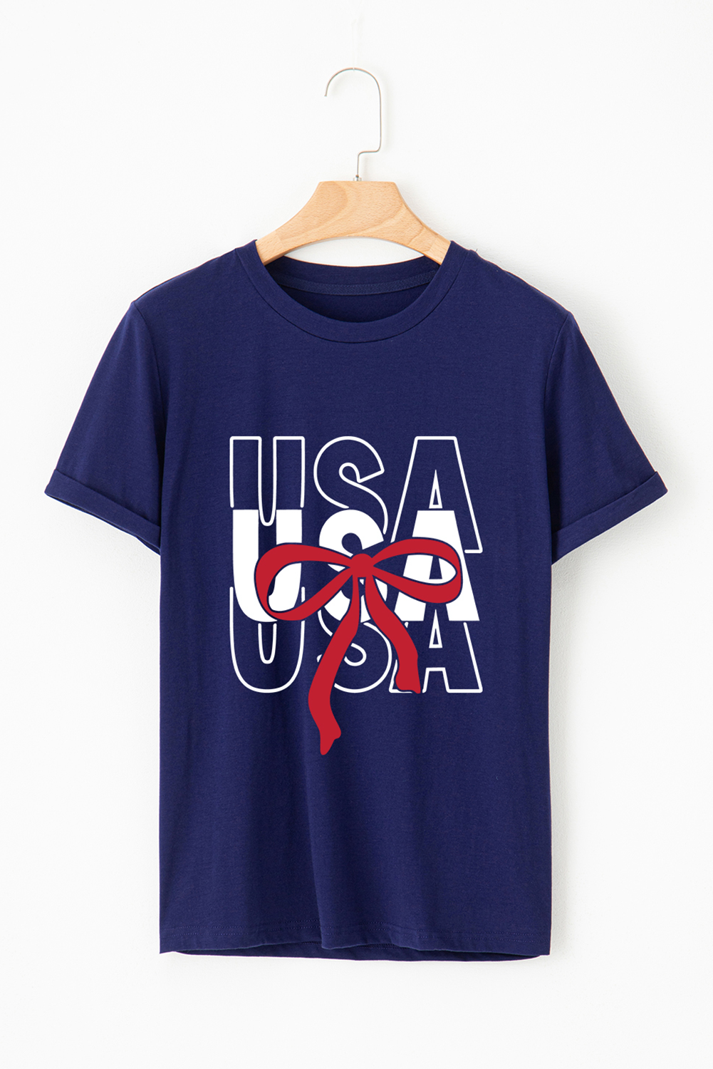 Women's T-Shirt, Blue, USA Print, Bow Pattern, Casual Style, Cotton Blend, Short Sleeve, Round Neck, Daily Wear, Trendy, Summer Fashion, Comfortable Fit, Graphic Tees - Detail View 8 Women's T-Shirt, Blue, USA Print, Bow Pattern, Casual Style, Cotton Blend, Short Sleeve, Round Neck, Daily Wear, Trendy, Summer Fashion, Comfortable Fit, Graphic Tees - Detail View 8