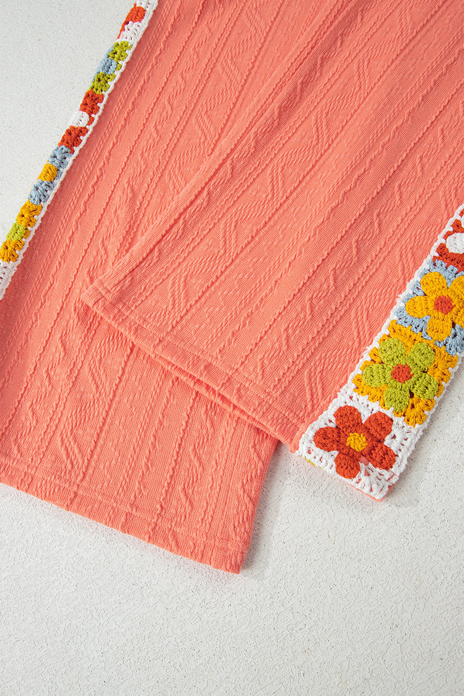 Women's Grapefruit Orange Crochet Floral V Neck Pants Set – Casual Spring & Summer Style - Detail View 7 Women's Grapefruit Orange Crochet Floral V Neck Pants Set – Casual Spring & Summer Style - Detail View 7