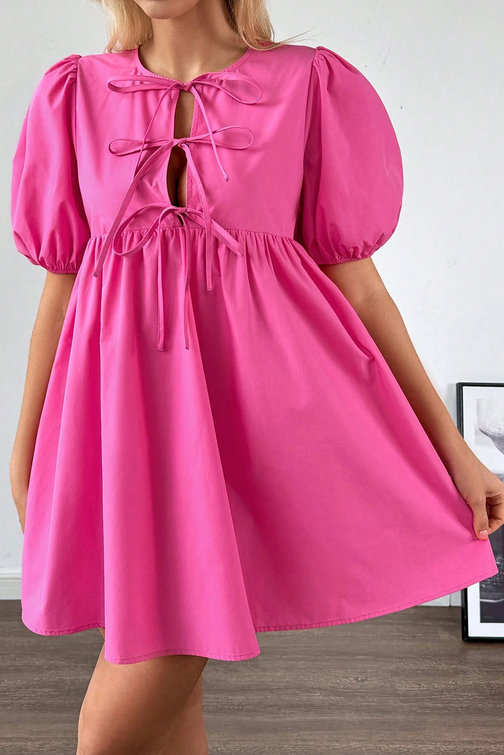 Elegant High Waist Mini Dress with Tie Front Detail - Perfect for Summer - Detail View 3 Elegant High Waist Mini Dress with Tie Front Detail - Perfect for Summer - Detail View 3