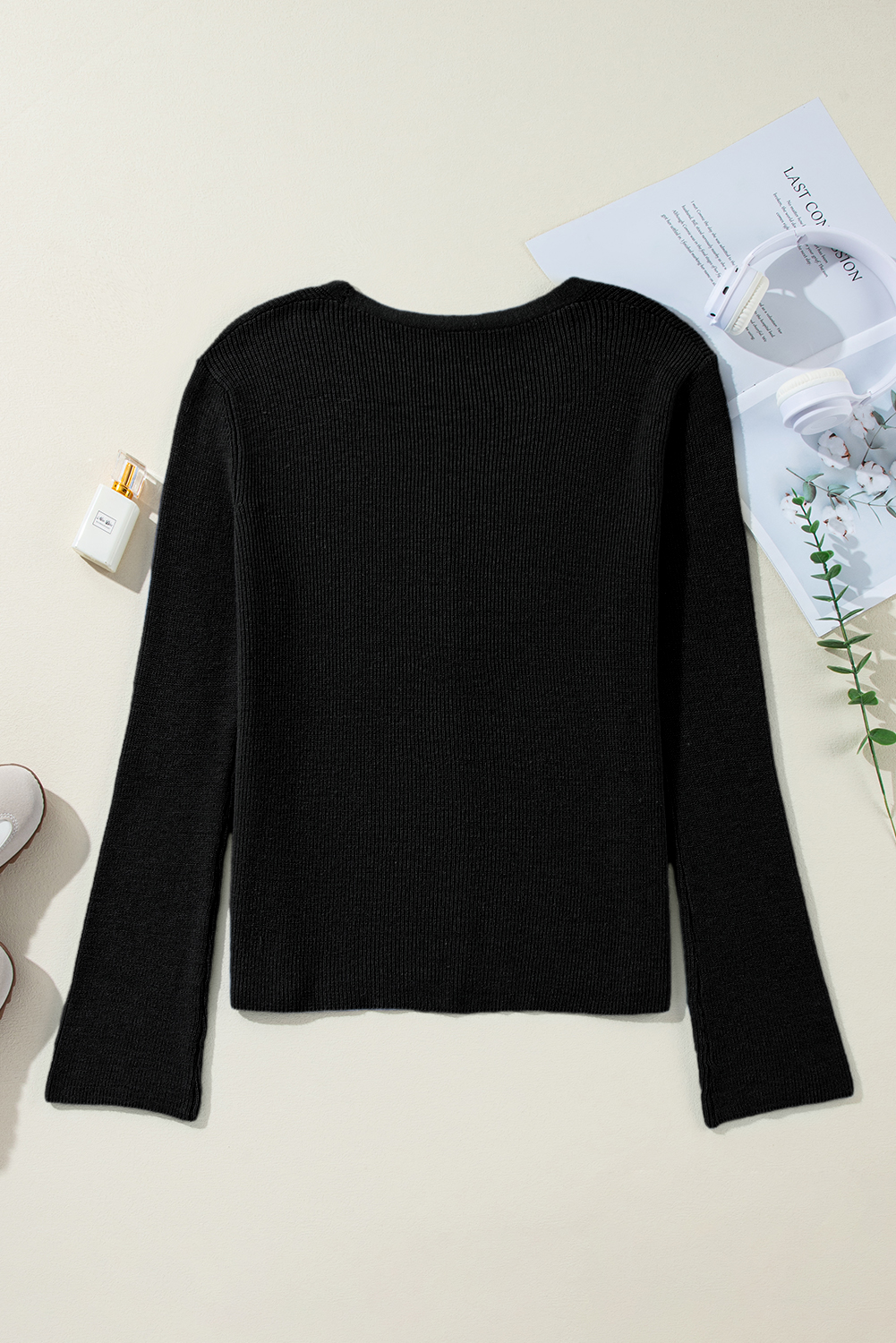 Cozy and Stylish Black Ribbed Cardigan - Long Sleeve V Neck with Button Front - Detail View 10 Cozy and Stylish Black Ribbed Cardigan - Long Sleeve V Neck with Button Front - Detail View 10