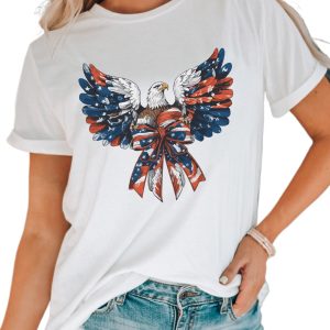 Women's White American Flag Eagle Print Graphic Tee for Independence Day - Main View