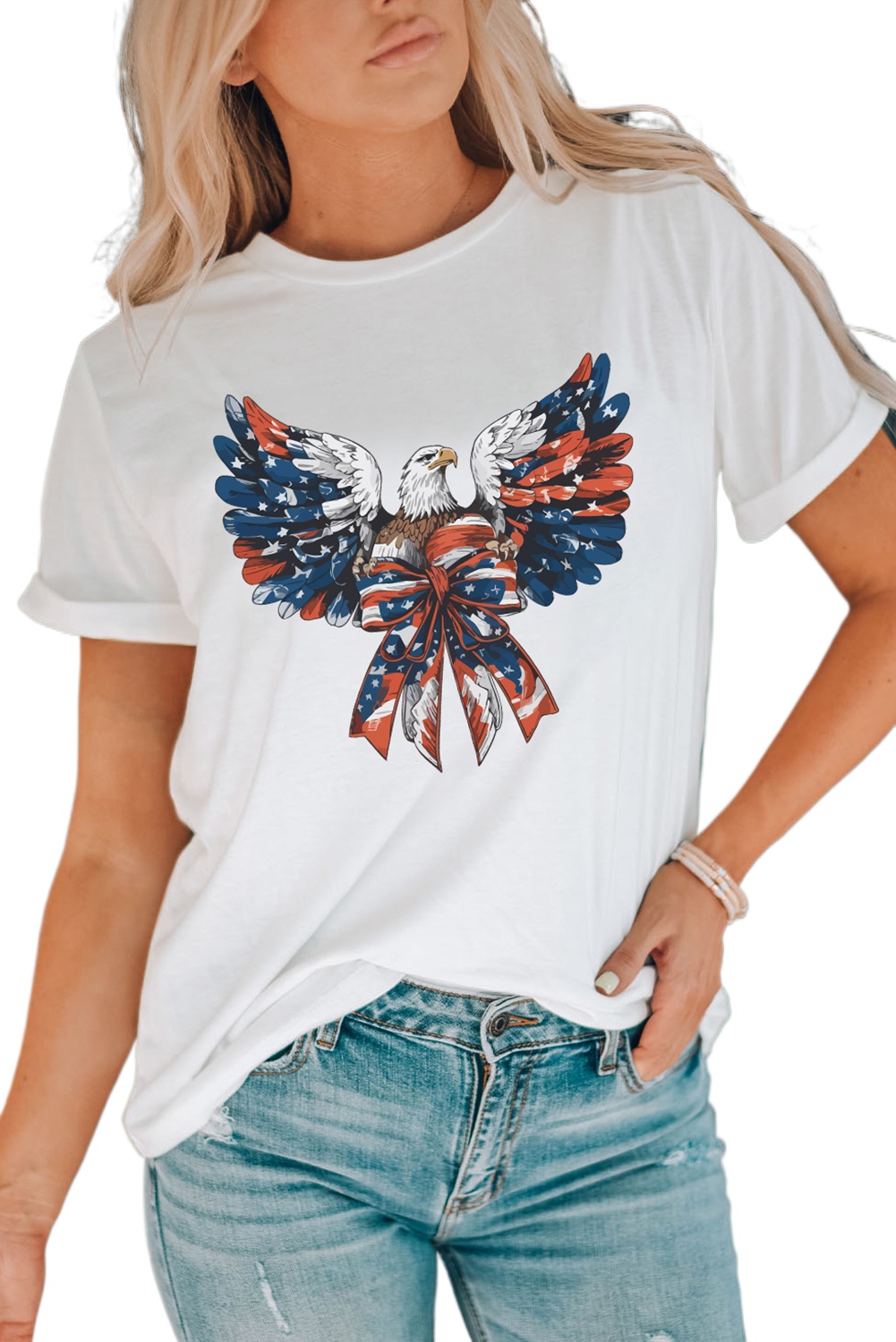 Women's White American Flag Eagle Print Graphic Tee for Independence Day - Main View Women's White American Flag Eagle Print Graphic Tee for Independence Day - Main View