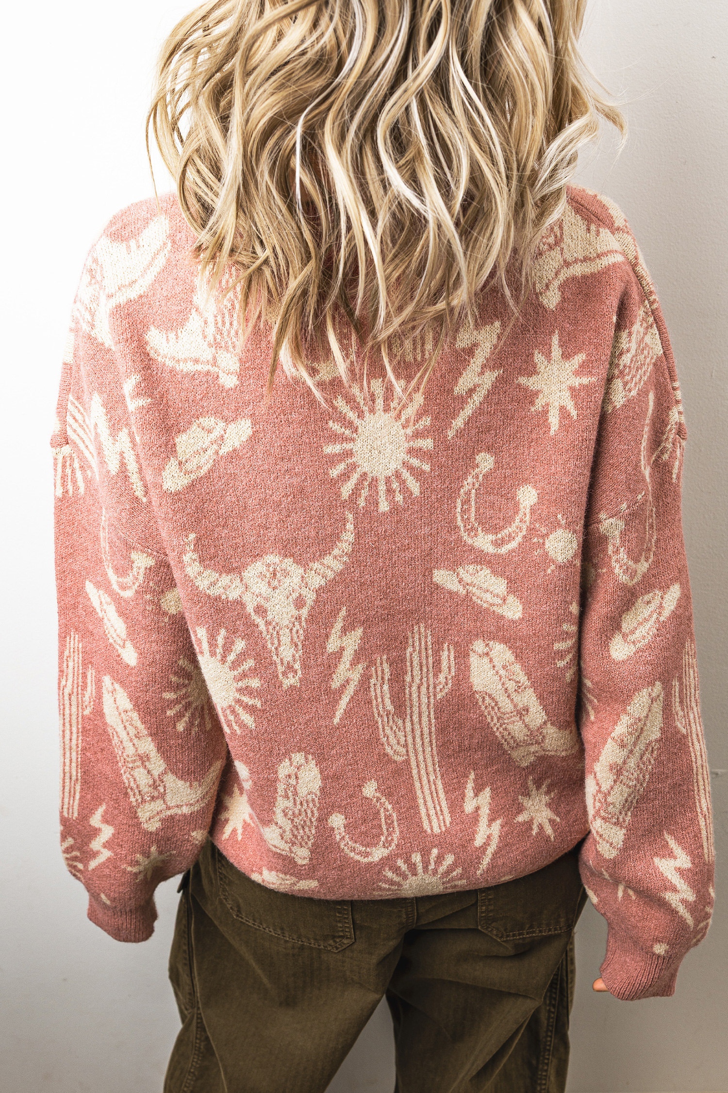 Peach Blossom Western Sweater, Casual Long Sleeve Knit Top - Detail View 2 Peach Blossom Western Sweater, Casual Long Sleeve Knit Top - Detail View 2