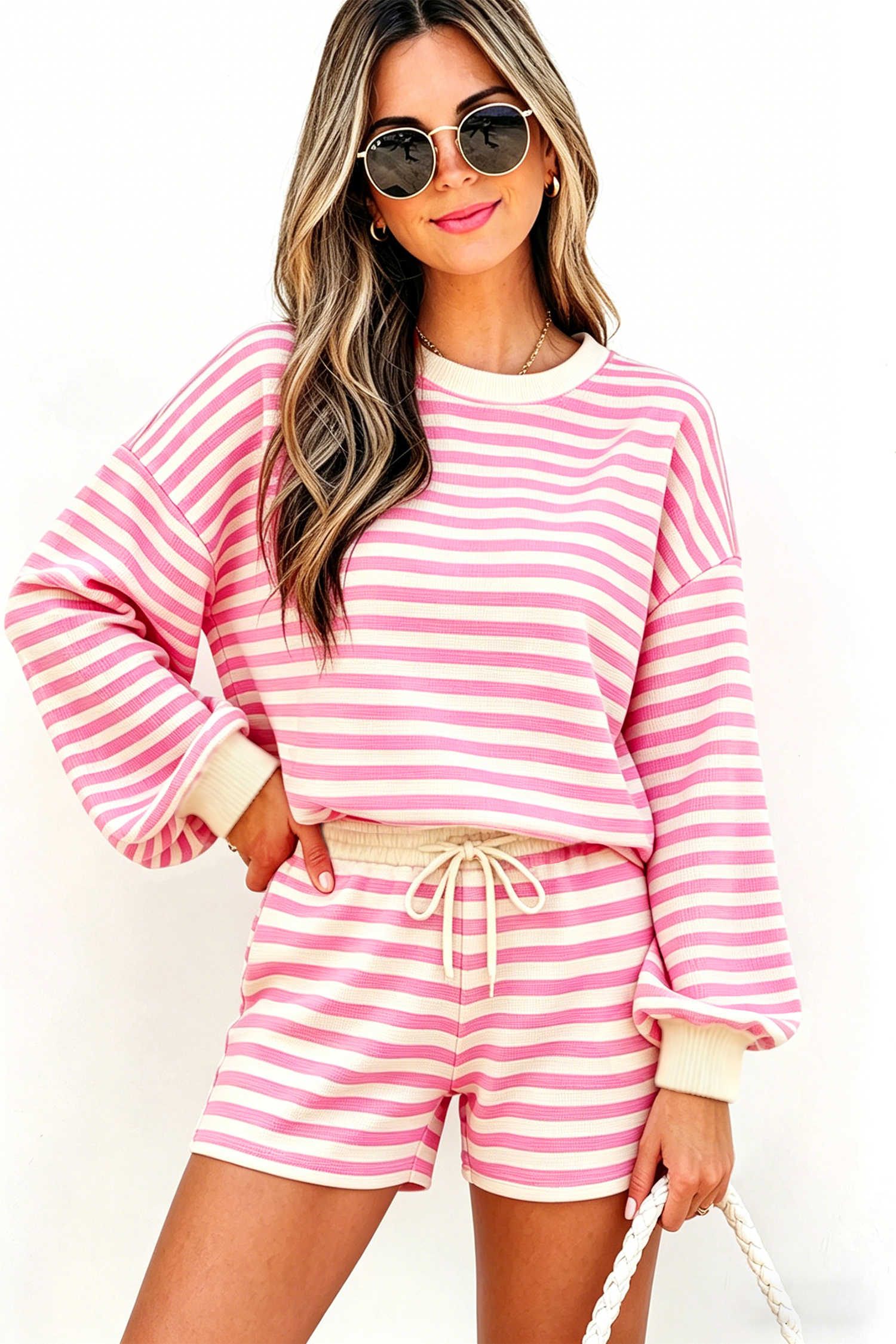 Casual Striped Two Piece Set, Soft Drawstring Shorts Outfit - Detail View 5 Casual Striped Two Piece Set, Soft Drawstring Shorts Outfit - Detail View 5