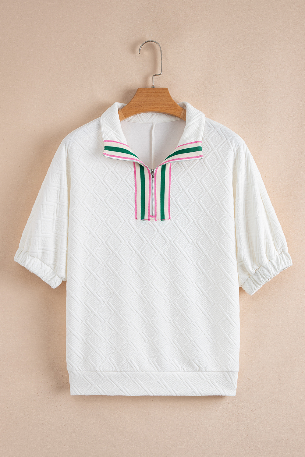 Stylish Textured Blouse for Women - V Neck with Contrast Striped Collar - Detail View 7 Stylish Textured Blouse for Women - V Neck with Contrast Striped Collar - Detail View 7