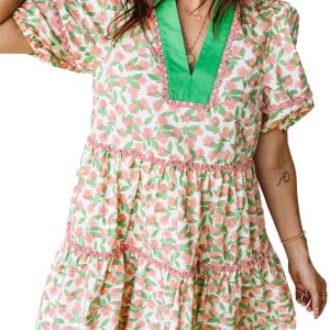 Women's Green Floral Puff Sleeve Dress with Contrast Neckline – A-Line Summer Style - Main View