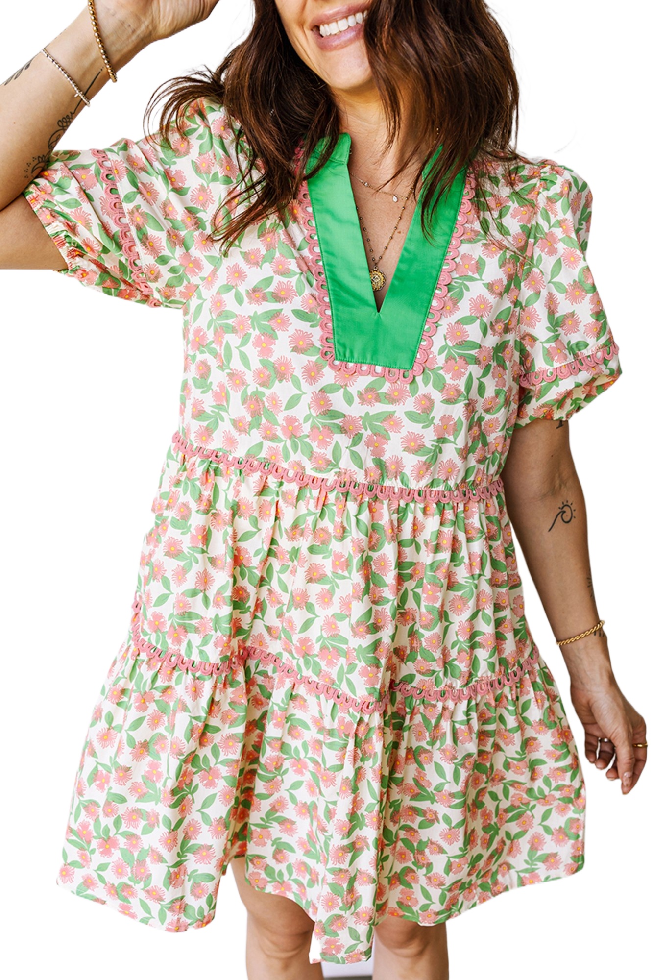 Women's Green Floral Puff Sleeve Dress with Contrast Neckline – A-Line Summer Style - Main View Women's Green Floral Puff Sleeve Dress with Contrast Neckline – A-Line Summer Style - Main View