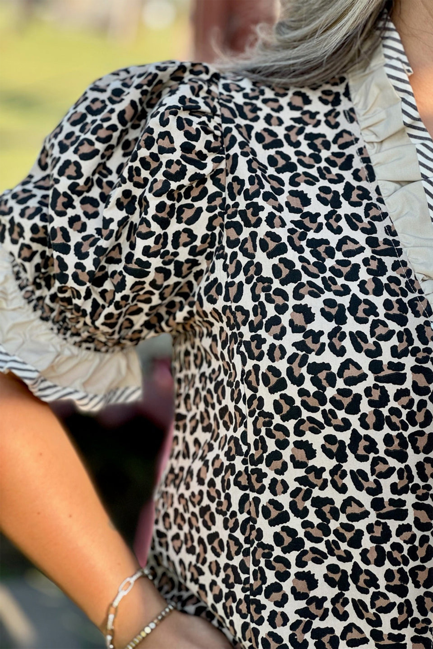 Stylish Women's Leopard Print Shift Blouse – Frilled V Neck Short Sleeve Shirt, Trendy Fashion Gift for Her - Detail View 6 Stylish Women's Leopard Print Shift Blouse – Frilled V Neck Short Sleeve Shirt, Trendy Fashion Gift for Her - Detail View 6