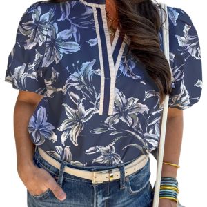 Women's Blue Floral Print Blouse - Short Puff Sleeve V Neck for Casual Summer Style - Main View