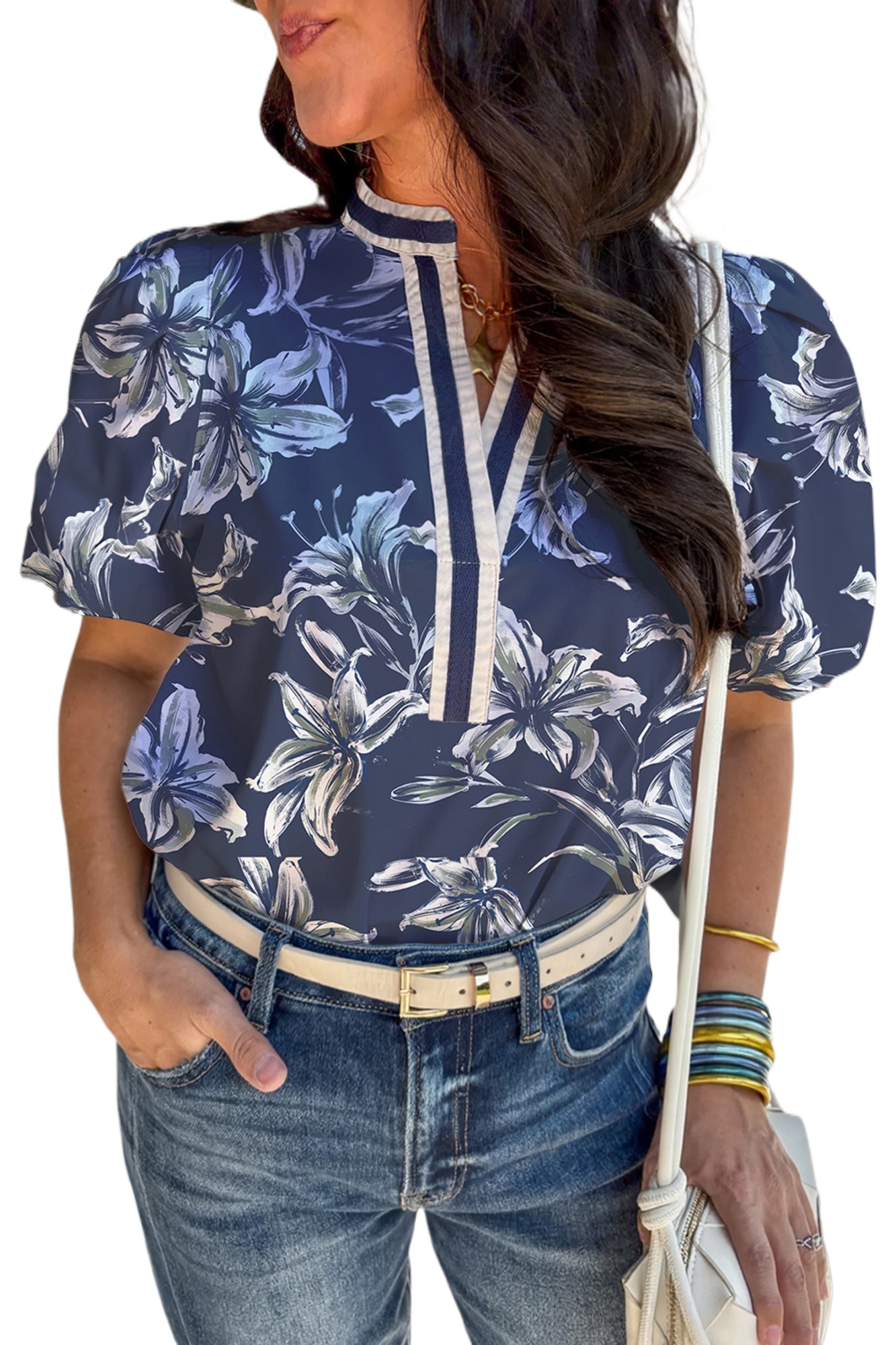Women's Blue Floral Print Blouse - Short Puff Sleeve V Neck for Casual Summer Style - Main View Women's Blue Floral Print Blouse - Short Puff Sleeve V Neck for Casual Summer Style - Main View