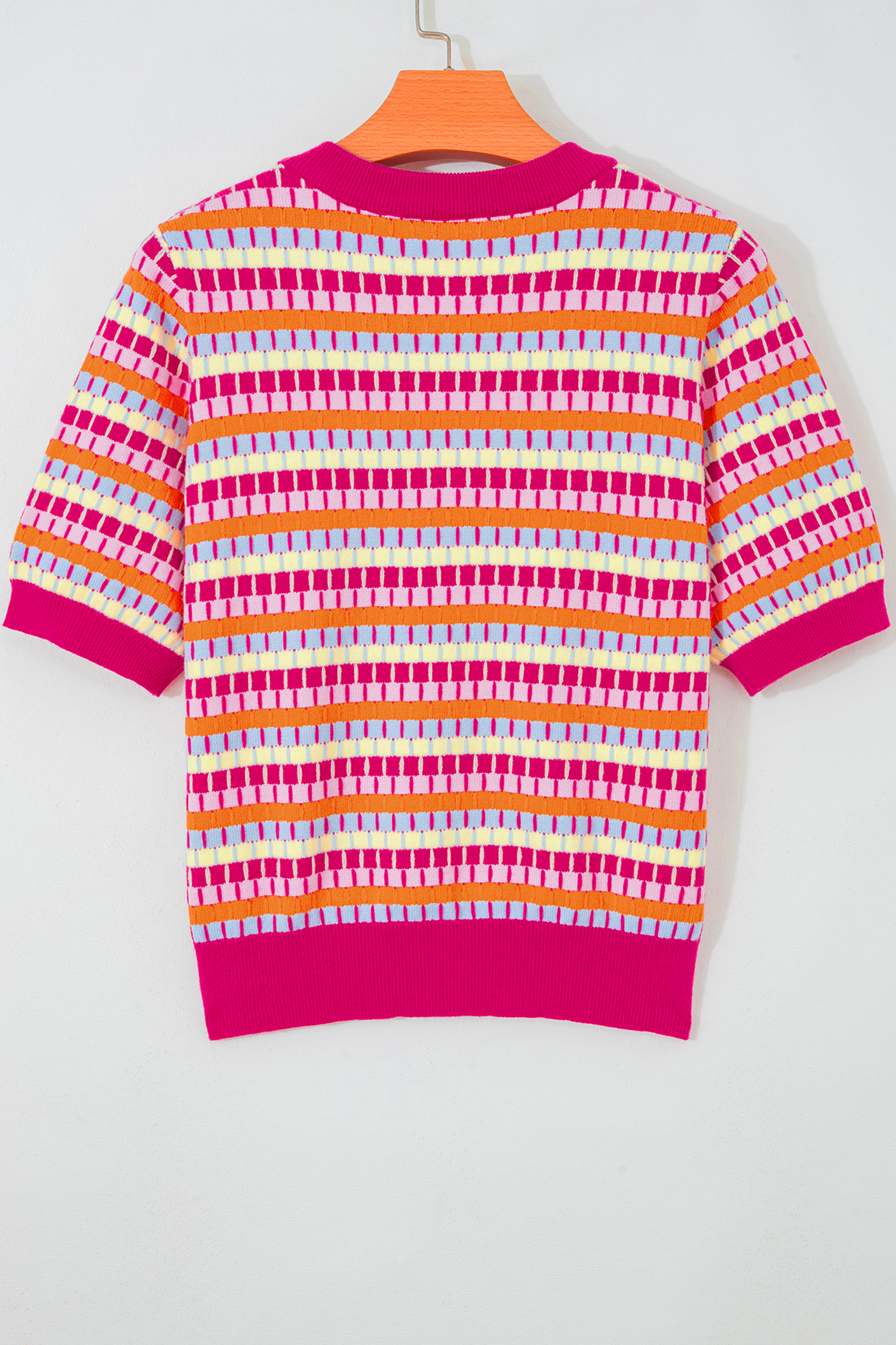 Casual Abstract Print Short Sleeve Knit Sweater – Comfortable Rose Red Summer Tee for Women - Detail View 5 Casual Abstract Print Short Sleeve Knit Sweater – Comfortable Rose Red Summer Tee for Women - Detail View 5