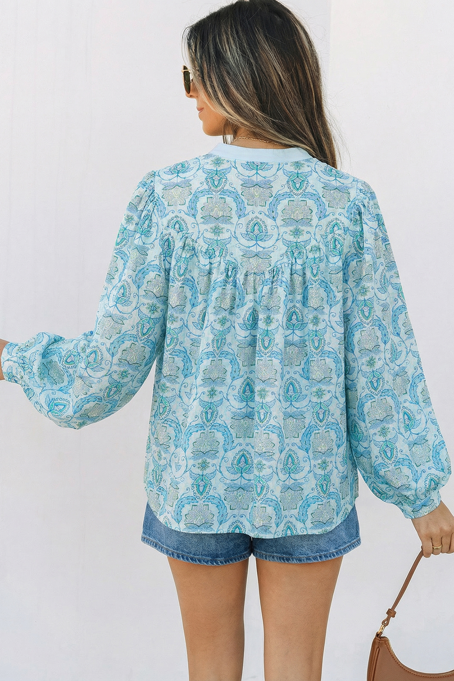 Chic Sky Blue Paisley Puff Sleeve Shirt for Women – Effortless Spring Style for Casual Outings - Detail View 3 Chic Sky Blue Paisley Puff Sleeve Shirt for Women – Effortless Spring Style for Casual Outings - Detail View 3