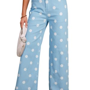 Women's Sky Blue Polka Dot High Waist Jeans – Casual Denim Shift Pants with Pockets - Main View
