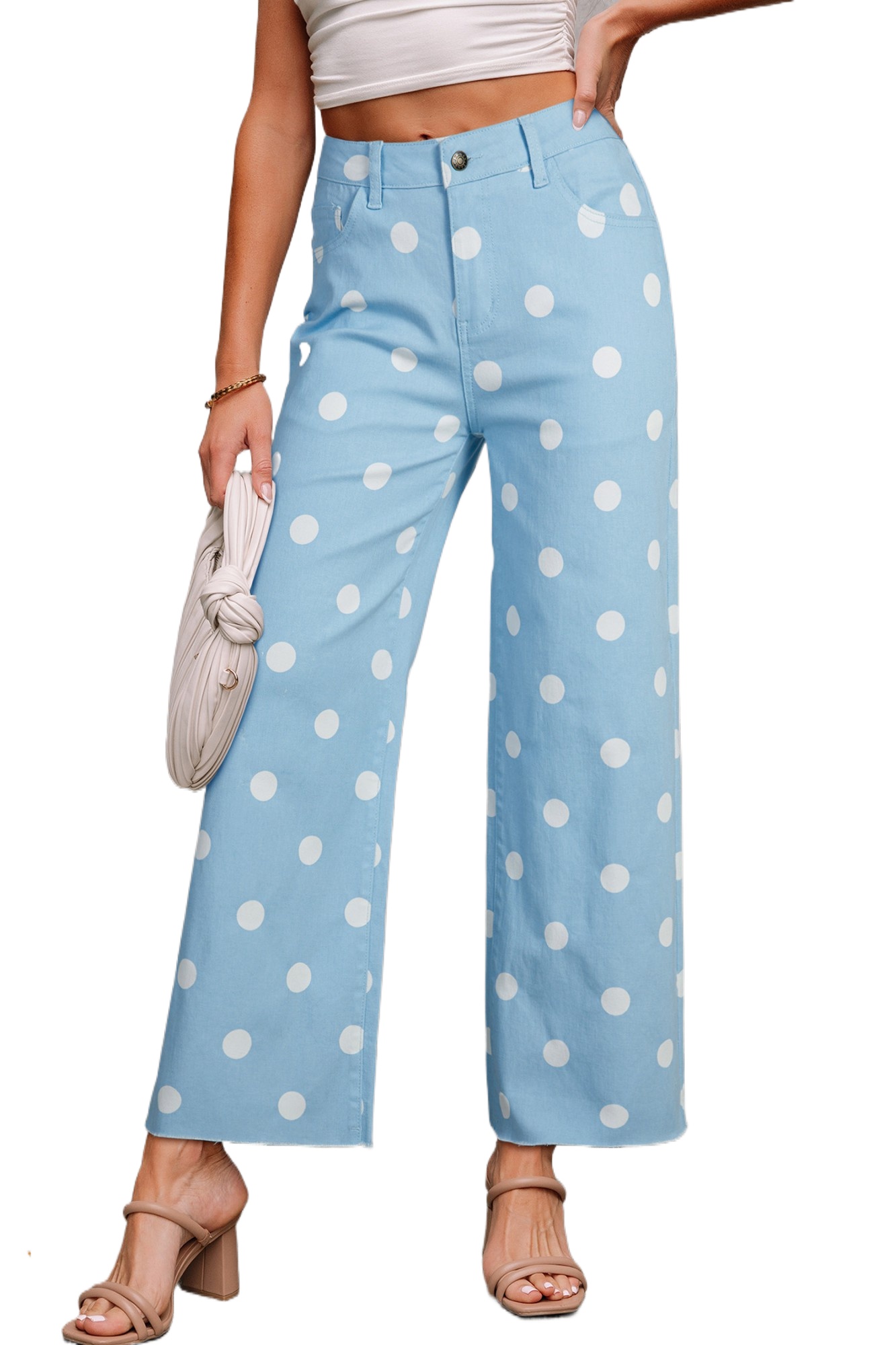 Women's Sky Blue Polka Dot High Waist Jeans – Casual Denim Shift Pants with Pockets - Main View Women's Sky Blue Polka Dot High Waist Jeans – Casual Denim Shift Pants with Pockets - Main View