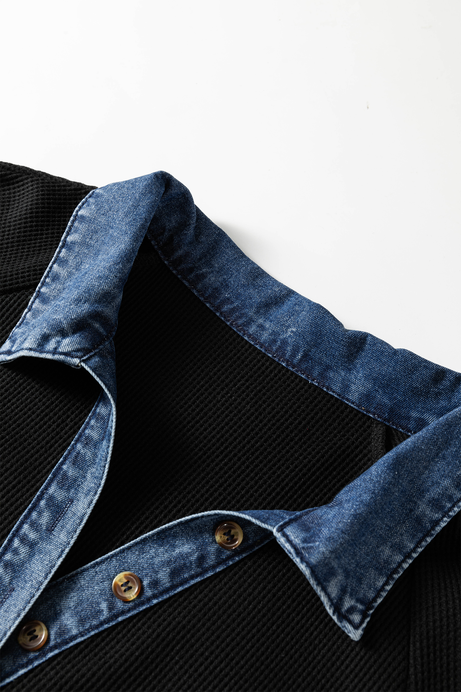 Casual V-Neck Shift Dress – Black Colorblock Denim Detail - Detail View 5 Casual V-Neck Shift Dress – Black Colorblock Denim Detail - Detail View 5