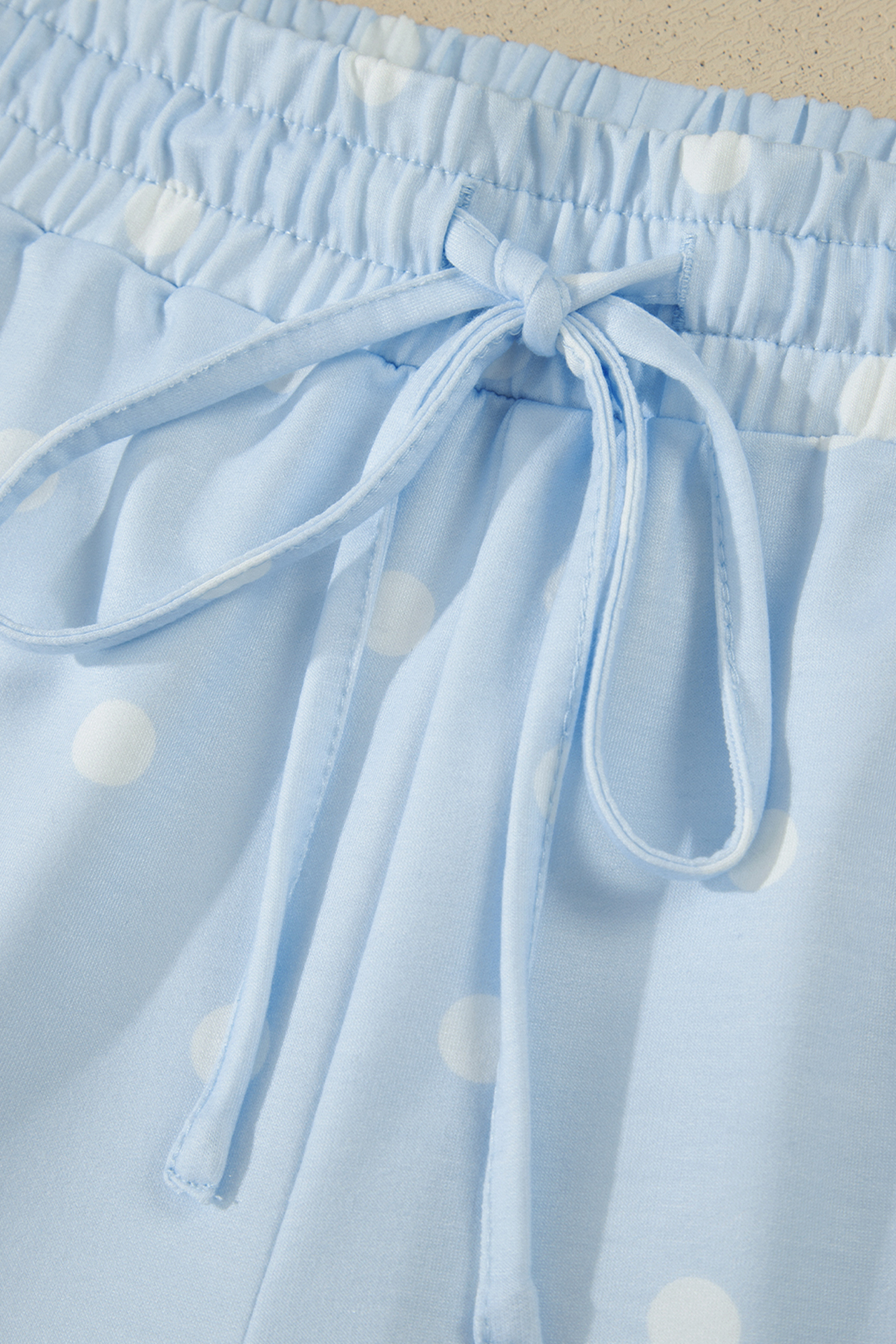 Casual Women's Two-Piece Polka Dot Outfit – Sky Blue Short Sleeve Tee and Adjustable Shorts for Summer - Detail View 8 Casual Women's Two-Piece Polka Dot Outfit – Sky Blue Short Sleeve Tee and Adjustable Shorts for Summer - Detail View 8