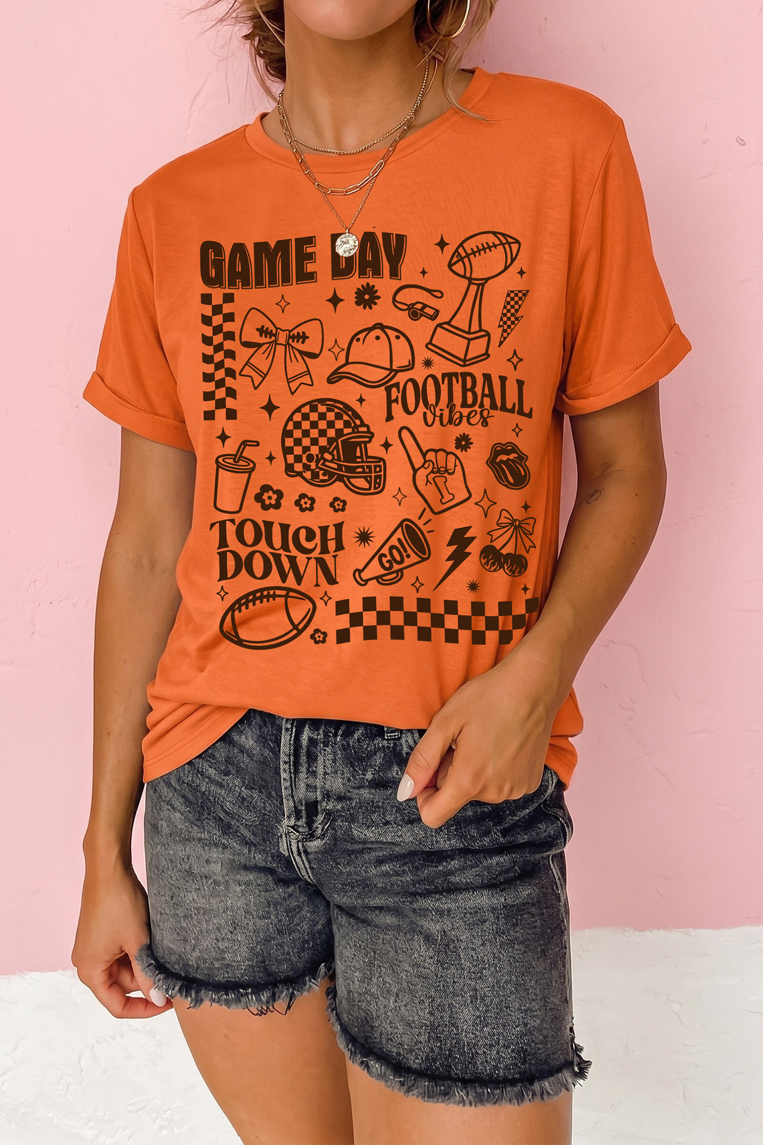 Short Sleeve Football Graphic Top, Casual Women's Orange Tee - Detail View 3 Short Sleeve Football Graphic Top, Casual Women's Orange Tee - Detail View 3