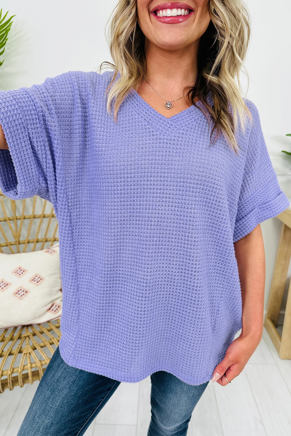 Women's Wisteria Waffle Knit Top – Chic V Neck Short Sleeve for Daily Wear - Detail View 2 Women's Wisteria Waffle Knit Top – Chic V Neck Short Sleeve for Daily Wear - Detail View 2