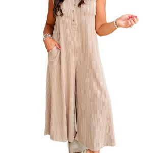 Women's Smoke Gray Textured Buttoned Wide Leg Sleeveless Jumpsuit - Chic and Comfortable - Main View