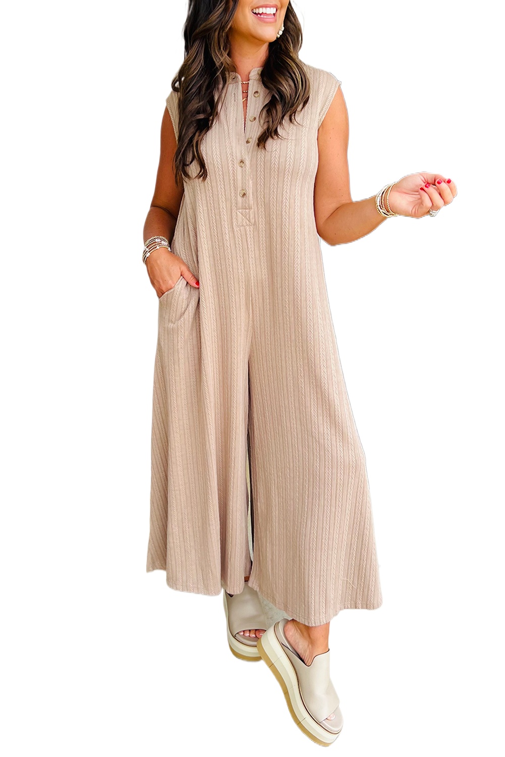 Women's Smoke Gray Textured Buttoned Wide Leg Sleeveless Jumpsuit - Chic and Comfortable - Main View Women's Smoke Gray Textured Buttoned Wide Leg Sleeveless Jumpsuit - Chic and Comfortable - Main View