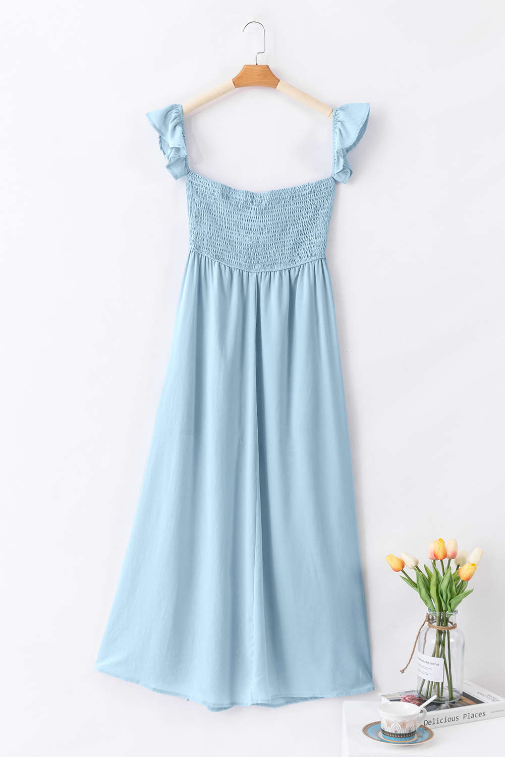 Women's Off Shoulder Maxi Dress – Ruched Smocked Summer Gown - Detail View 7 Women's Off Shoulder Maxi Dress – Ruched Smocked Summer Gown - Detail View 7