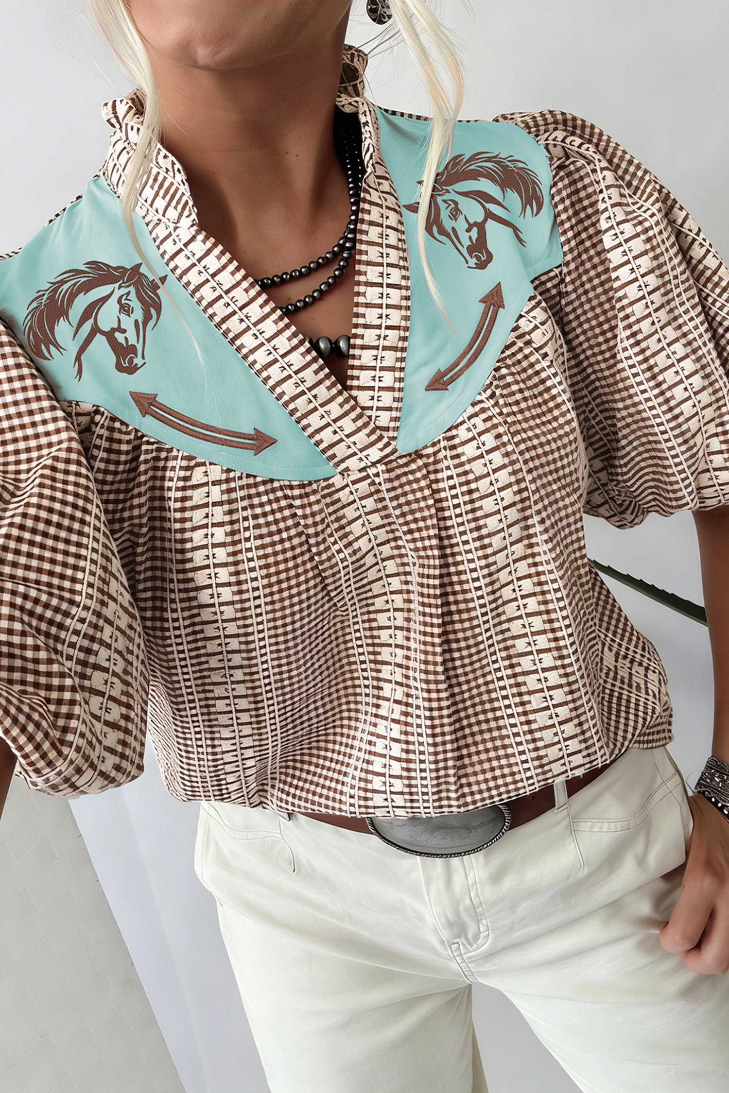 Women's Puff Sleeve Plaid Blouse – Western Style Embroidered V-Neck Top, Brown Colorblock Summer Work Shirt - Detail View 2 Women's Puff Sleeve Plaid Blouse – Western Style Embroidered V-Neck Top, Brown Colorblock Summer Work Shirt - Detail View 2