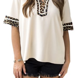 Women's Jet Stream Leopard Patchwork Short Sleeve Blouse – Casual Summer Style for Daily Wear - Main View