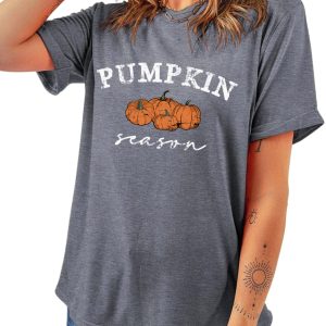 Women's Pumpkin Season Graphic T-Shirt, Gray Casual Top - Main View