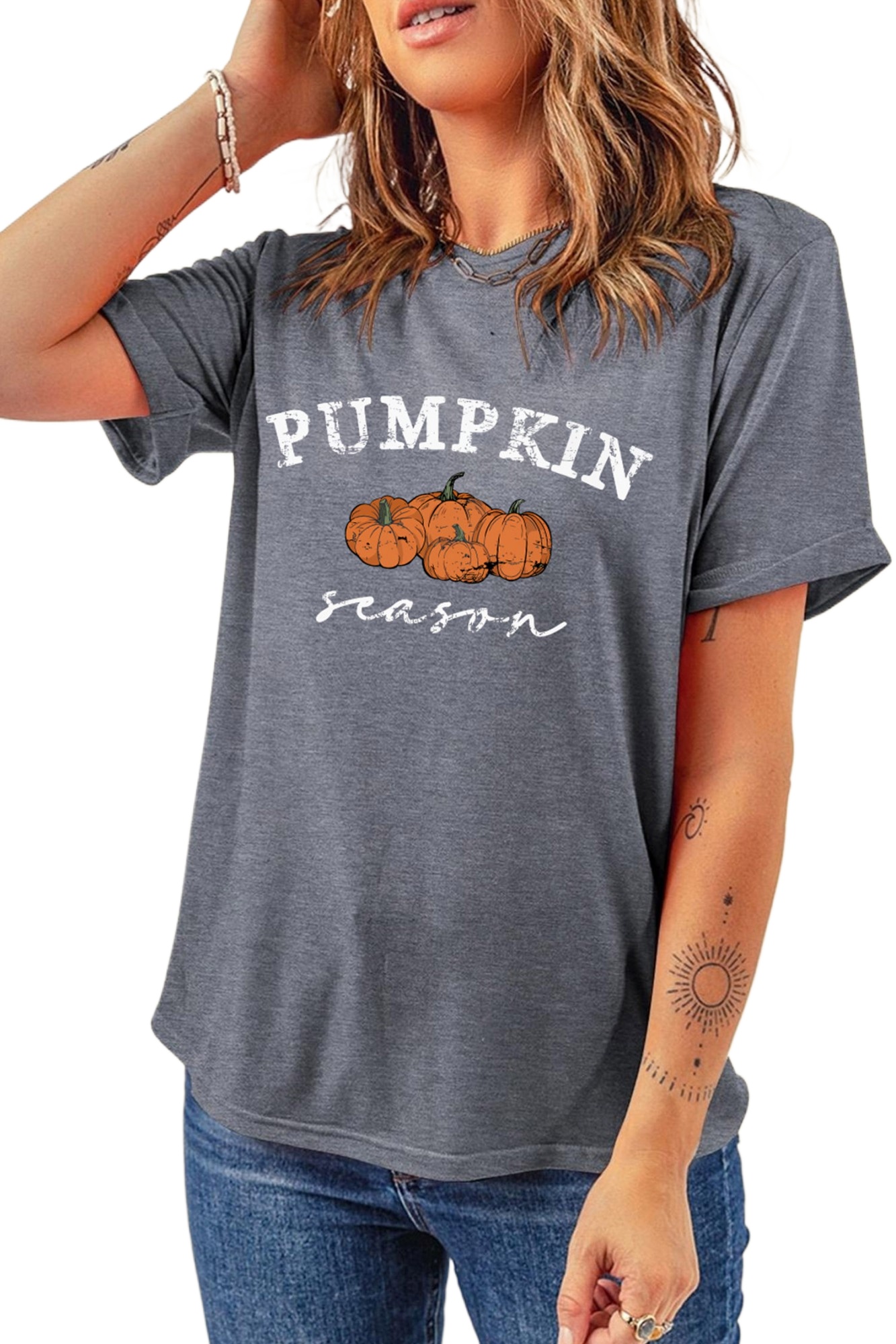Women's Pumpkin Season Graphic T-Shirt, Gray Casual Top - Main View Women's Pumpkin Season Graphic T-Shirt, Gray Casual Top - Main View
