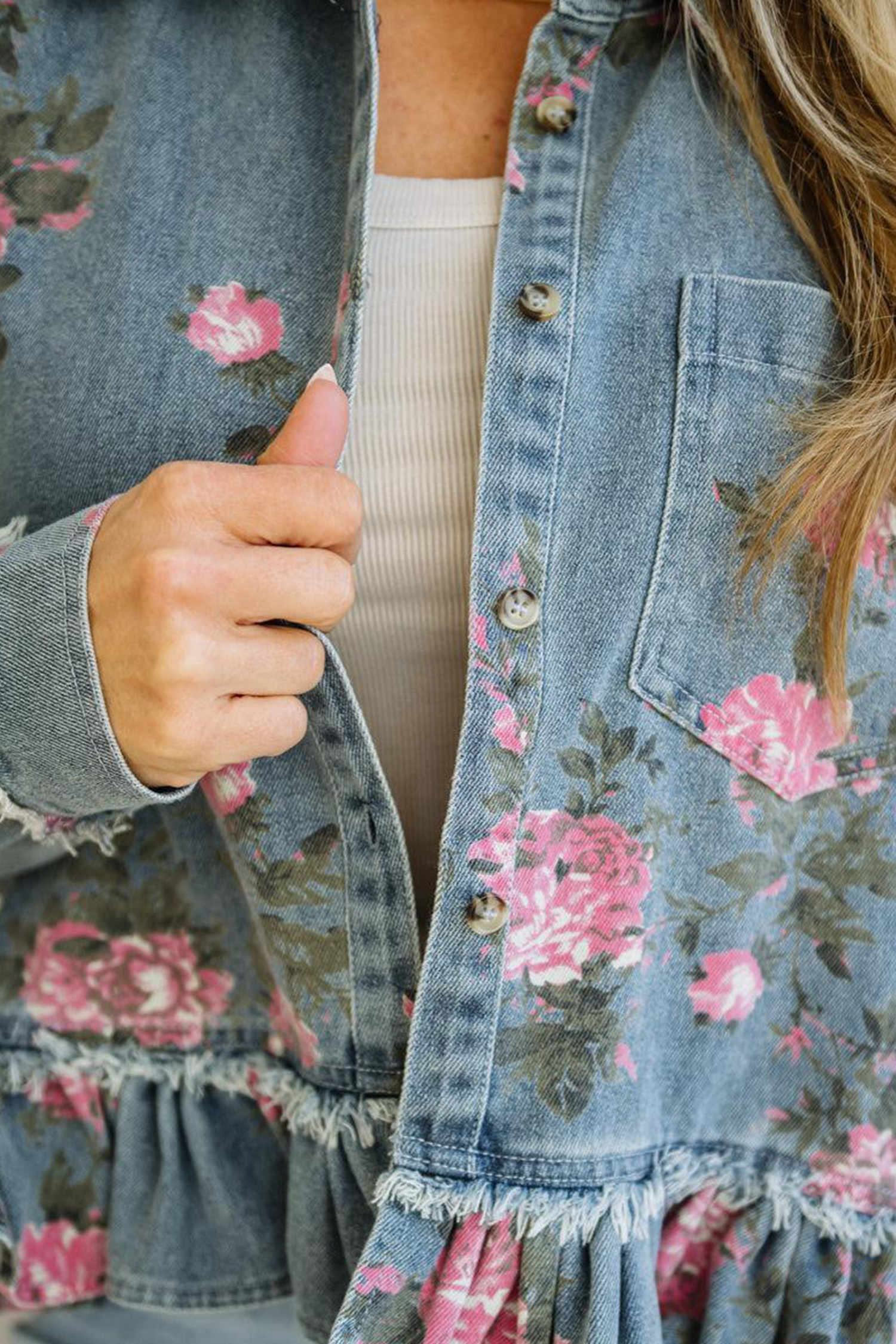 Women's Casual Denim Coat, Floral Print Shirt Collar Jacket - Detail View 9 Women's Casual Denim Coat, Floral Print Shirt Collar Jacket - Detail View 9