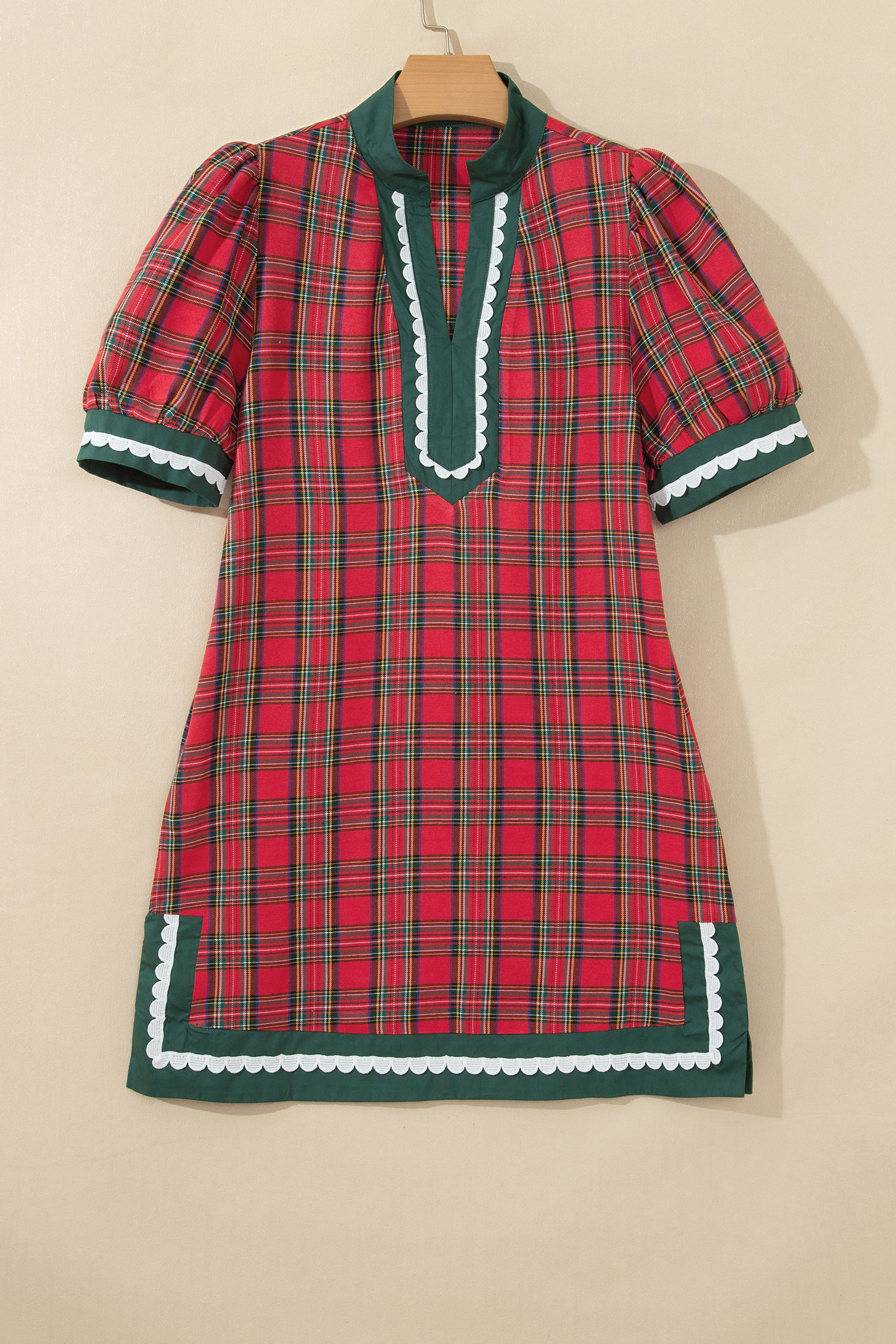 Women's Plaid Shift Mini Dress, Casual Short Sleeve Red - Detail View 7 Women's Plaid Shift Mini Dress, Casual Short Sleeve Red - Detail View 7