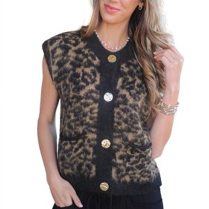 Women's Leopard Print Sweater Vest, Sleeveless Button Up Top - Main View