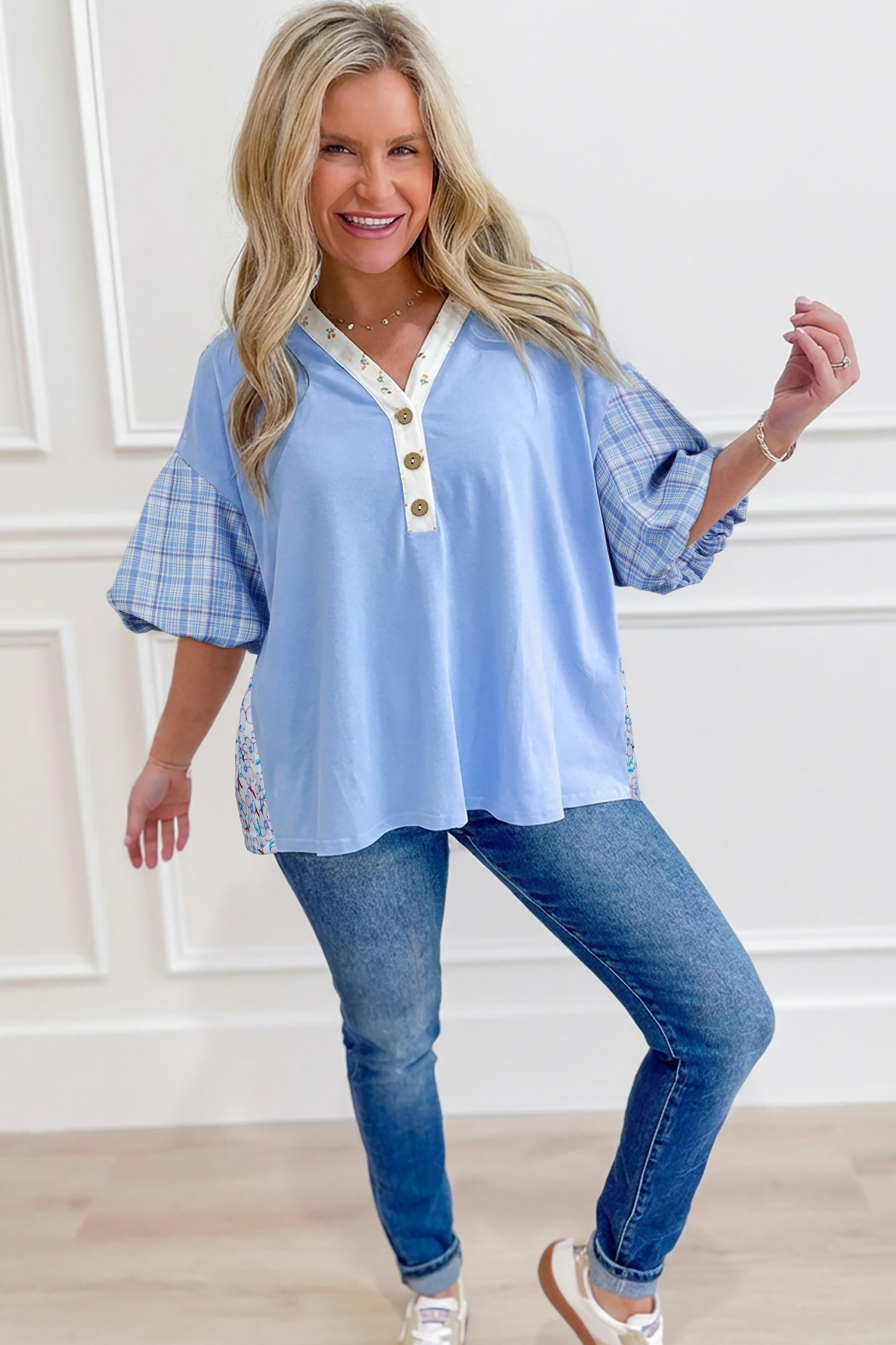 Chic Beau Blue Plaid Bubble Sleeve Blouse – Perfect for Daily Wear and Southern Belle Looks - Detail View 5 Chic Beau Blue Plaid Bubble Sleeve Blouse – Perfect for Daily Wear and Southern Belle Looks - Detail View 5