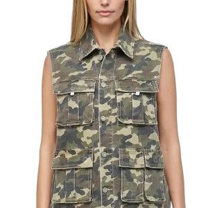 Women's Green Camo Cargo Denim Vest – Versatile Layering Piece for Daily Casual Outfits - Main View