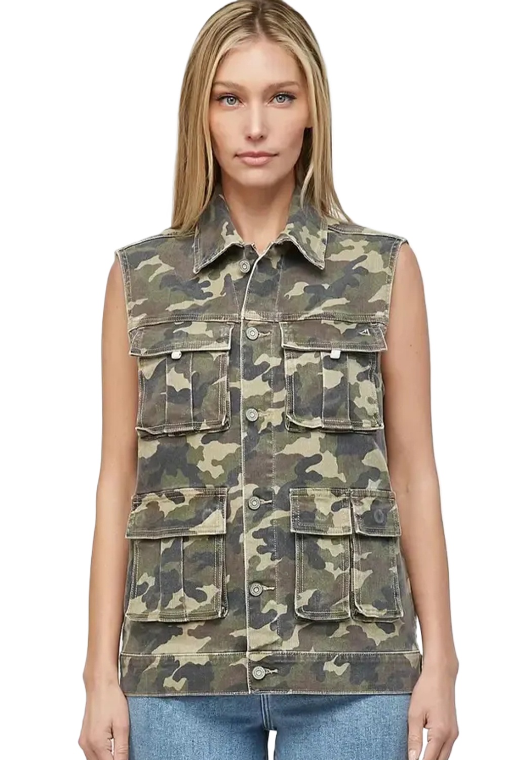 Women's Green Camo Cargo Denim Vest – Versatile Layering Piece for Daily Casual Outfits - Main View Women's Green Camo Cargo Denim Vest – Versatile Layering Piece for Daily Casual Outfits - Main View