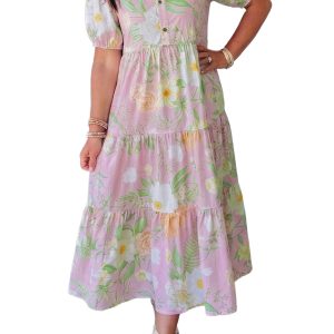 Women's Pink Floral Maxi Dress – Short Puff Sleeve High Waist Tiered Cotton Summer Dress - Main View