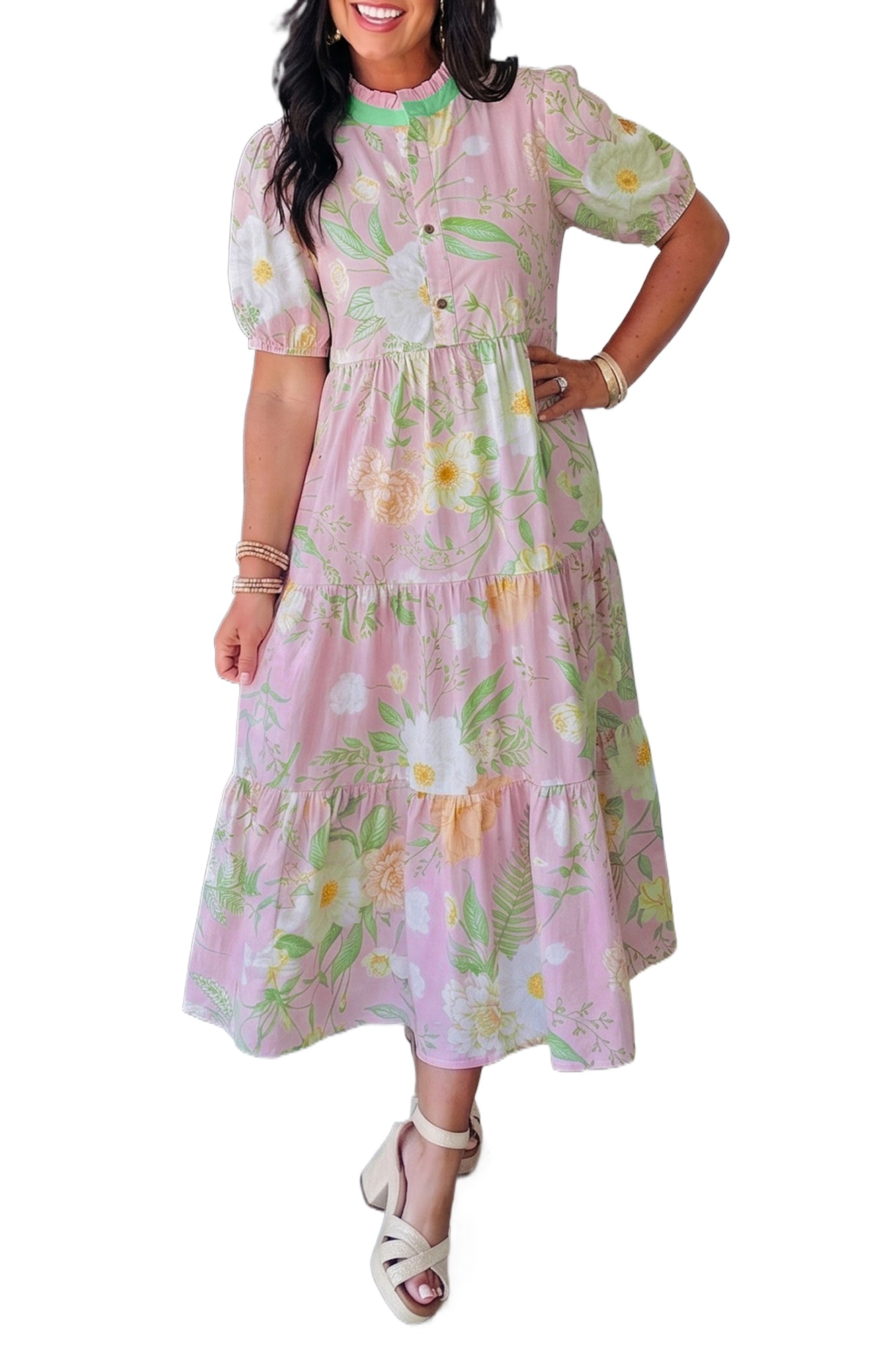 Women's Pink Floral Maxi Dress – Short Puff Sleeve High Waist Tiered Cotton Summer Dress - Main View Women's Pink Floral Maxi Dress – Short Puff Sleeve High Waist Tiered Cotton Summer Dress - Main View
