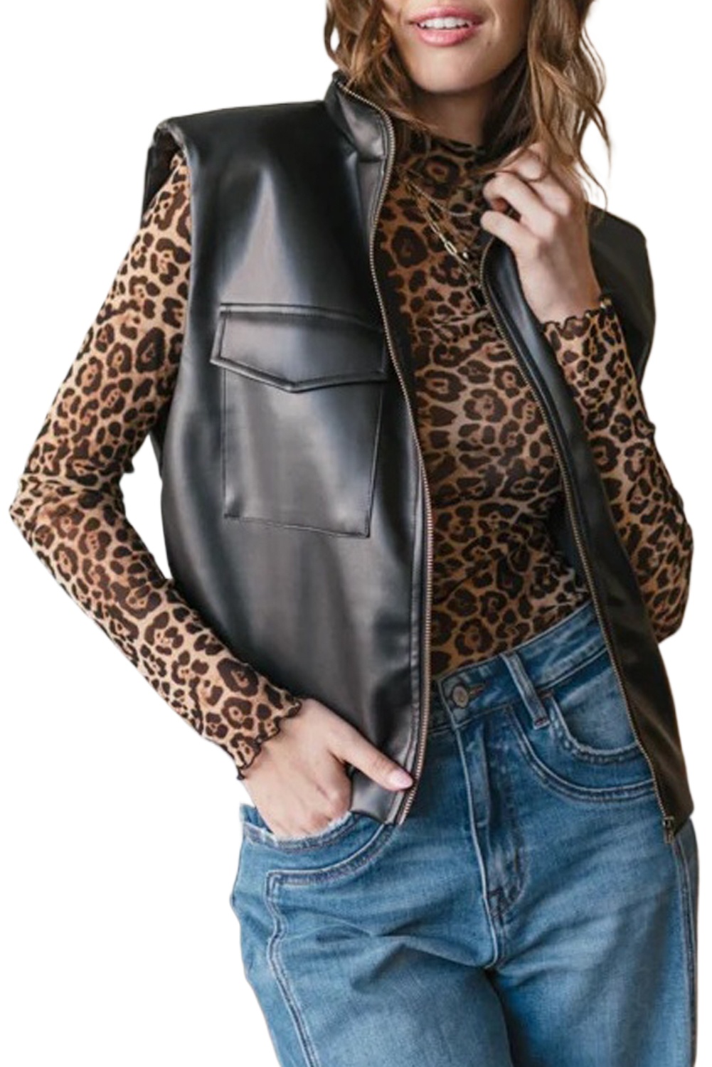 Women's Black Double Flap Pocket Faux Leather Zip Up Vest with Stand Neck - Main View Women's Black Double Flap Pocket Faux Leather Zip Up Vest with Stand Neck - Main View