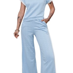 Women's Beau Blue Textured Colorblock Edge Tank Top and High Waist Pants Set - Main View