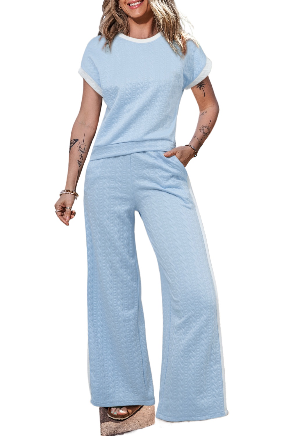 Women's Beau Blue Textured Colorblock Edge Tank Top and High Waist Pants Set - Main View Women's Beau Blue Textured Colorblock Edge Tank Top and High Waist Pants Set - Main View